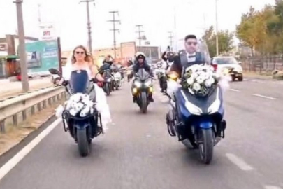 Motosiklet tutkunu çiftin düğün konvoyu dikkat çekti