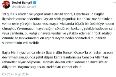 Bahçeli: Narin'i katledenlerin en ağır bedeli ödemeleri temin edilmelidir