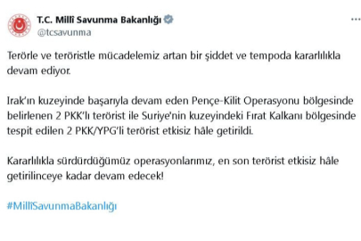 MSB: Irak ve Suriye'nin kuzeyinde 4 terörist etkisiz hale getirildi