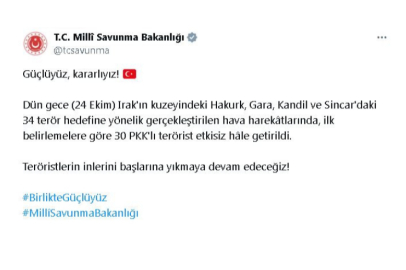 MSB: Irak'ın kuzeyinde 30 terörist etkisiz hale getirildi