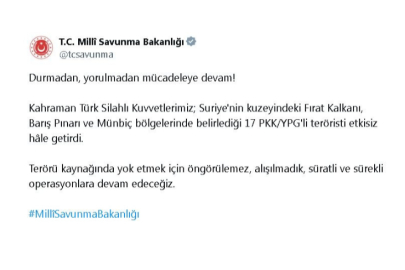 Suriye'nin kuzeyinde 17 terörist etkisiz hale getirildi
