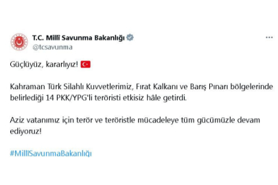 MSB: Suriye'nin kuzeyinde 14 terörist etkisiz hale getirildi