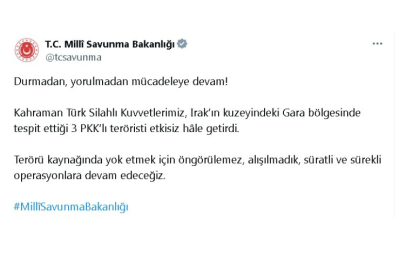 MSB: 3 PKK'lı terörist etkisiz hale getirildi