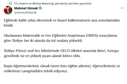 Bakan Şimşek'ten 'TIMSS 2023' açıklaması