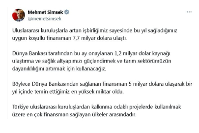 Bakan Şimşek: Bu yıl sağladığımız uygun koşullu finansman 7,7 milyar dolara ulaştı
