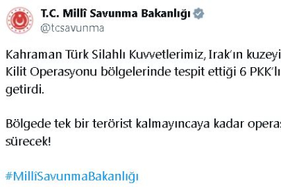 MSB: Irak'ın kuzeyinde 6 terörist etkisiz hale getirildi