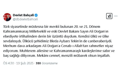 Bahçeli'den Eski Devlet Bakanı Ali Doğan İçin Başsağlığı Mesajı