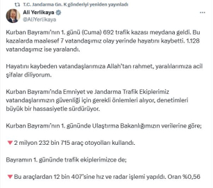 Bayramın 1'inci günündeki trafik kazalarında 7 kişi öldü, 1128 kişi yaralandı